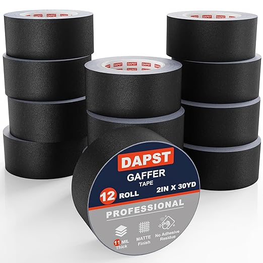 12 Pack Black Gaffers Tapes 2 Inch x 30 Yards x 11 Mil - Pro Black Gaff Tape - Waterproof, No Residue, Non-Reflective, Easy Tear - Photography, Filming Backdrop, Stage, Production (360 Yards in Tatal)