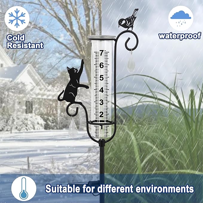 33" Solar Garden Rain Gauge - 7" Glass Tube for Outdoor Indoor Use, Patio Yard Decor Statue,Metal Cat & Bird Rain Gauge.