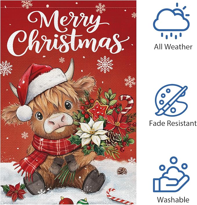 Heyfibro Merry Christmas Highland Cow Garden Flag 12x18 Inch Double Sided Burlap, Winter Snowflake Yard Flags for Holiday Xmas Seasonal Outdoor Decoration(ONLY FLAG)