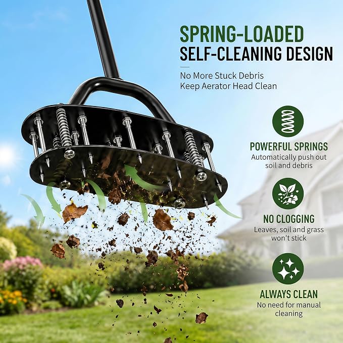 Upgraded Lawn Aerator Tool, 17-Spike Manual Grass Aerator with Automatic Dirt Clean & Double-Layer Spring, Heavy Duty Soil Loosener with T-Handle, Yard Lawn Care Tool, Includes Gloves