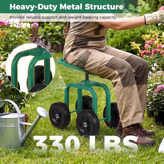 IRONMAX Garden Cart with Seat, Gardening Rolling Stool Scooter with Wheels & Ergonomic Seat for Planting, Wheeled Outdoor Gardening Work Seat for Patio, Yard, Garden (Black)