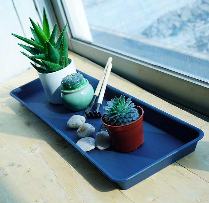 VUWEZ 6 Pack of Plastic Plant Trays, Rectangular Plant Saucers for Indoors Outdoor, Water Drip Trays for Flower Pot Planter, Windowsill (6 X 11 Inch, Blue)
