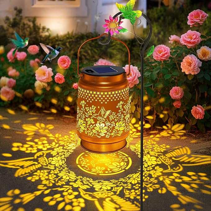 Solar Lanterns Outdoor Hummingbird Garden Decor, Birthday Gifts for Women Mom Grandma, Metal Hanging Solar Lights Waterproof with Shepherd Hook LED Decoration Outside for Garden Yard Patio Porch