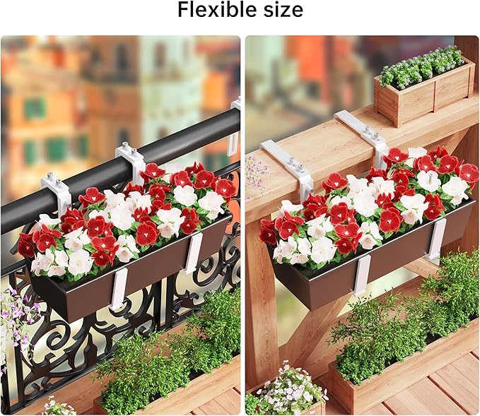 Y&M 2 Pcs Deck Railing Adjustable Planter Box Brackets (6 to 12.5 in), Universal Heavy Duty Iron Flower Box Brackets Wall Mounting Hooks for Fences, Patio, and Garden - White (Patent Registered)