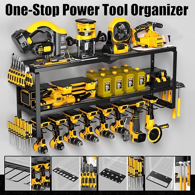 Heavy Duty Power Tool Organizer Wall Mount, Metal Tool Storage Rack Loads 320lbs, 8 Cordless Drill Holder 3 Layer for Garage, Workshop, Tool Room, Gift for Men