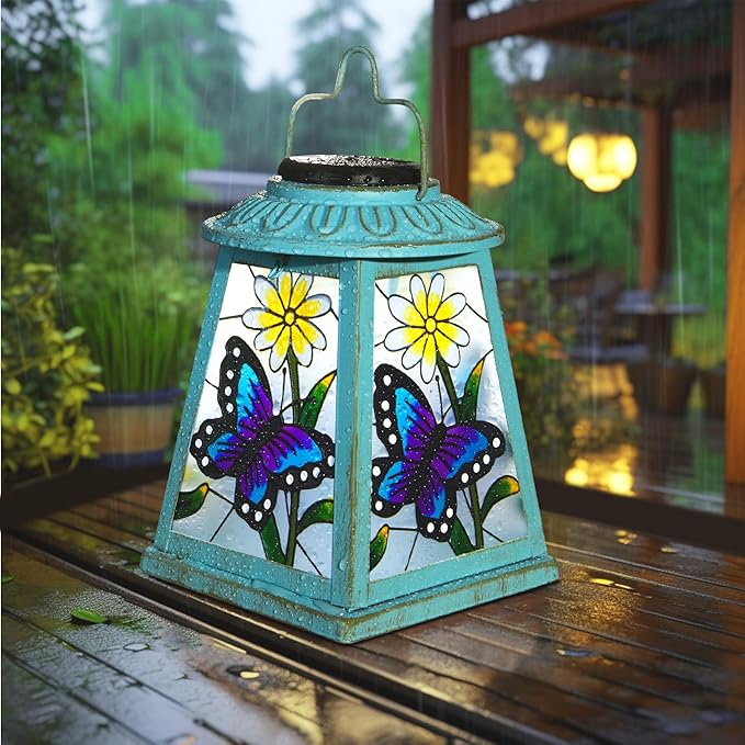 Butterfly Solar Lantern with Shepherd Hook, Outdoor Hanging Metal LED Garden Light Waterproof for Patio Yard Pathway, Butterfly Lantern Decor and Christmas Holiday Gift for Mom Grandma Women | Butterfly metal solar lantern with shepherd hook, S-hook, I...