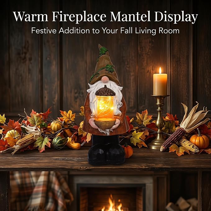 Topadorn Lighted Fall Gnome with Acorn Jar LED Figurine – Resin Harvest Gnome Statue, Thanksgiving Autumn Table Decor for Home, Patio & Tiered Tray