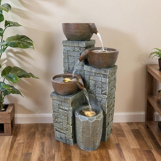 19.3'' H Modern Water Fountain with Lights, 4-Tier Resin Water Fountains with Soothing Water Sounds for Garden, Patio, Backyard and Home & Office Art Decor (Brown)