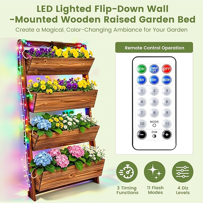 2026 Upgraded 4-Tier Wooden Vertical Raised Garden Bed with 11-Mode LED Lights and 3 Timer Settings, 51" H Wall-Leaning Tiered Planter Box with Tilt-Out Boxes, Liner & Drainage Holes for Patio