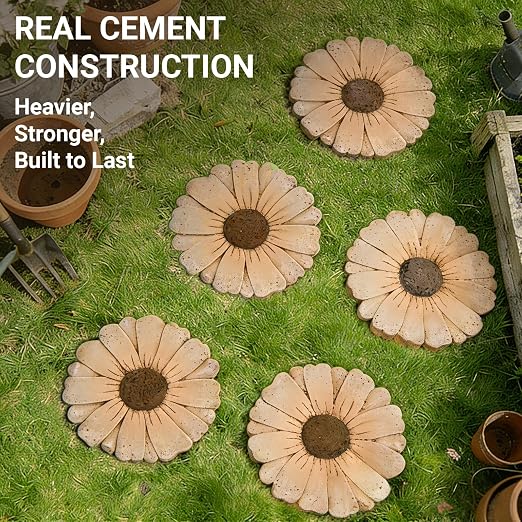 2 Pack Daisy Cement Stepping Stones 10 Inch, Heavy Duty Garden Pathway Stones, Non Slip Outdoor Walkway Decor for Yard Patio Lawn, Weather Resistant Cement Stepping Stones (Orange)