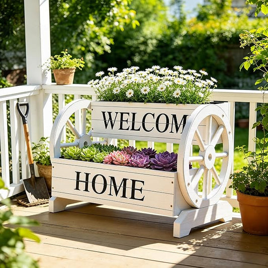 2-Tier Wooden Wagon Planter Box, Extra Large Decorative Flower Cart with Wheels, Washed White Rustic Wood Planter with Drainage Holes & Non-Woven Liner, Raised Bed for Flowers Herbs Vegetables