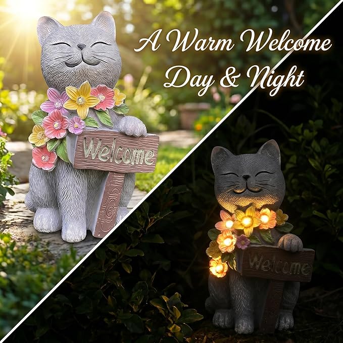 Solar Cat Garden Statue for Outdoor Decor, Cat Solar Light with Flowers, Resin Welcome Cats for Garden, Yard, Lawn Decor, Cats Lover Gifts for Women