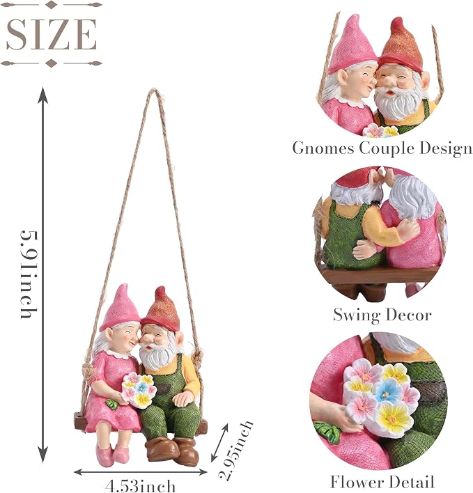 TERESA'S COLLECTIONS Garden Decor, Garden Gnomes Decor, Mr and Mrs Gnome Couple Sitting on a Swing, Waterproof Resin Garden Decor Outdoor, Tree Ornaments, Indoor/Outdoor, 6"