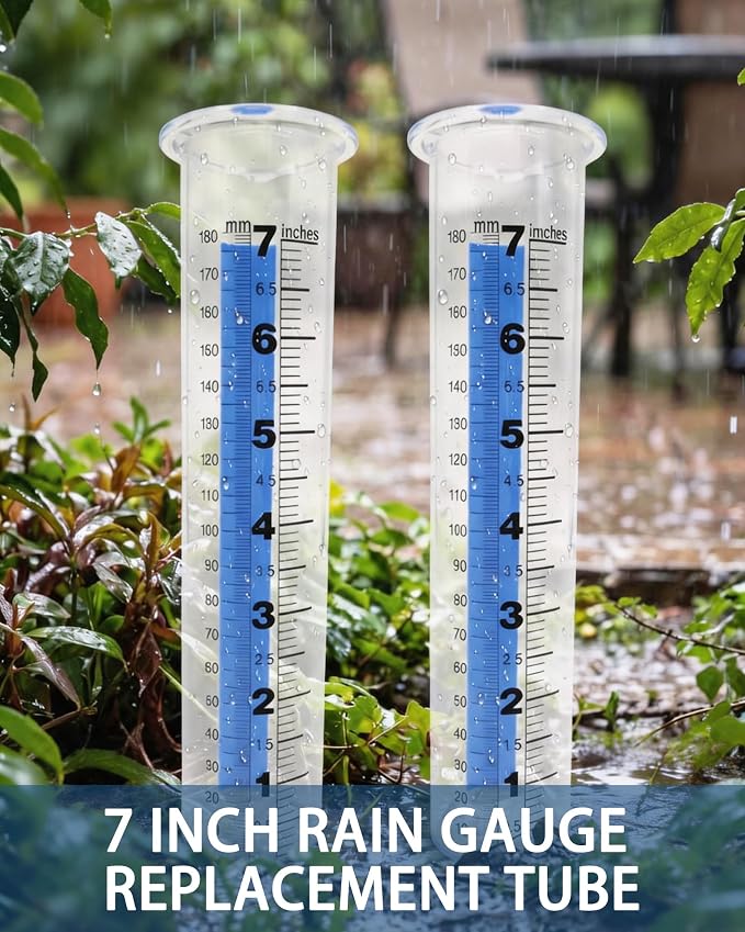 7 Inch Rain Gauge Replacement Tube - Clear Plastic Outdoor Measuring Cylinder for Garden & Yard, Weather-Resistant PS Tube with 0.1-Inch Graduations for Standard Rain Gauge Holders (2-Piece)