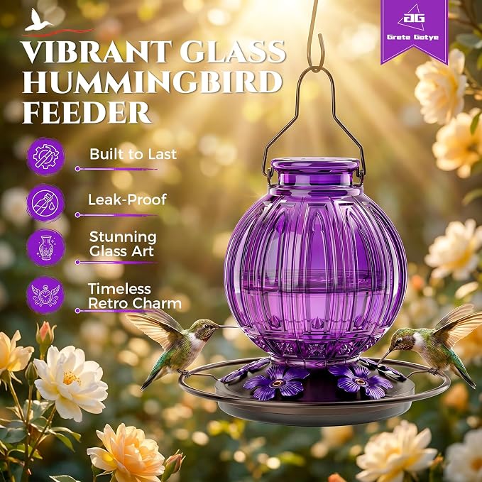 Glass Hummingbird Feeder for Outdoors Hanging, Bird Nectar Feeder with Perch & 5 Flower Feeding Ports, 26 Oz Leak Proof for Outside Garden Decor Backyard, Gifts for Women Mom, Purple
