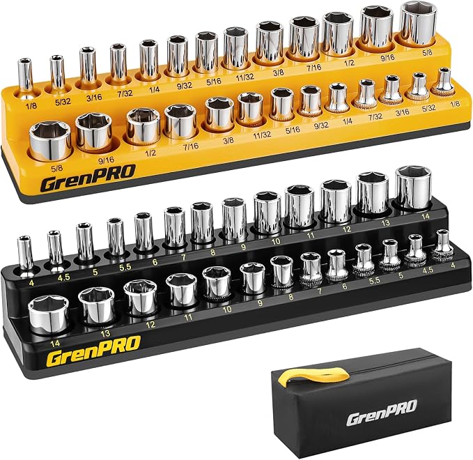 GRENPRO Socket Organizer, 2-Piece Drive SAE & Metric Socket Holder, 1/4" Tray Holds 52 Sockets(Socket Not Included)