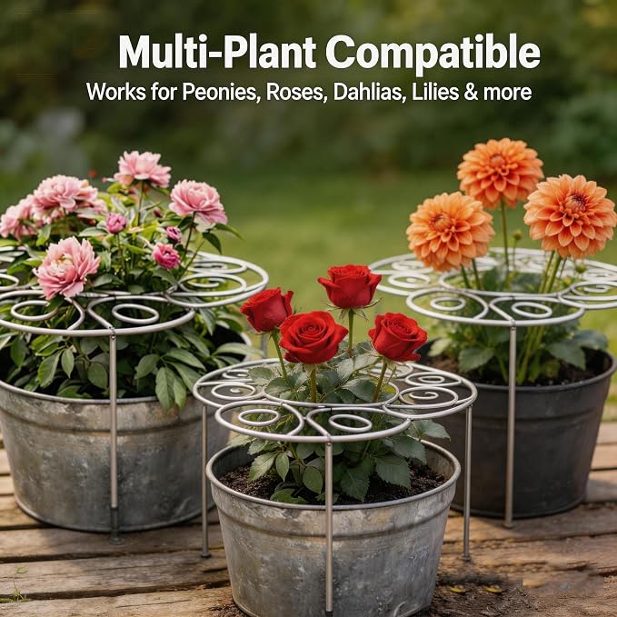 Plant Support Ring for Most Plants – Heavy Duty Metal Cage for Flowers, Vegetables, Tomatoes, Peonies, Roses – Garden Stake for Indoor/Outdoor Pots – No Tools Needed (L)