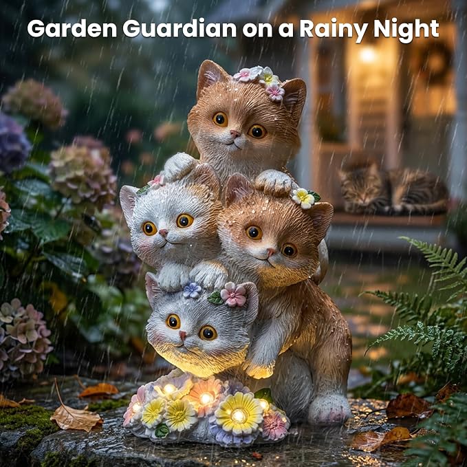 Solar Cat Garden Statues with 6 LED Flower Lights, Stacked Kitten Figurine, Garden Decor for Outside, Birthday Gifts for Women Cats Lovers Mom Grandma