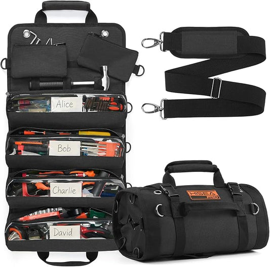 HISEA Roll Up Tool Bag, Heavy Duty Tool Storage Large-Capacity, 27"*14" Portable Tools Organizer with Utility Detachable Pouches, Waterproof Tool Roll Bag for Mechanic, Electrician, Gifts
