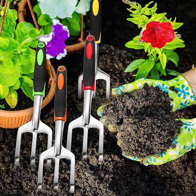 Yaocom 12 Pcs Hand Rake Garden Tool Mini Heavy Duty Garden Cultivator 11 Inch Small Rake Gardening Aluminum Alloy Hand Tiller with Handle for Digging Weeding Loose Soil (Red,Orange,Yellow,Green)