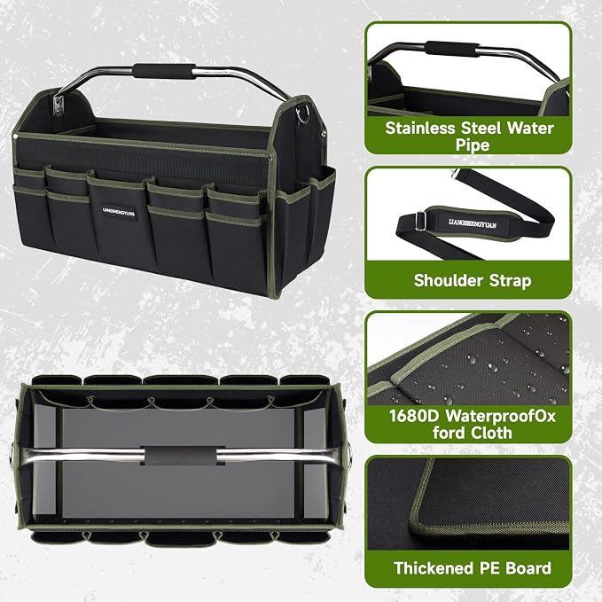 22In Electrician Tool Bag, Foldable Bags For Men Heavy Duty, Open Top Tool Tote, 30 Pockets Can Hold Many fittings, Organizer Stainless Steel Handle and Removable Shoulder Strap