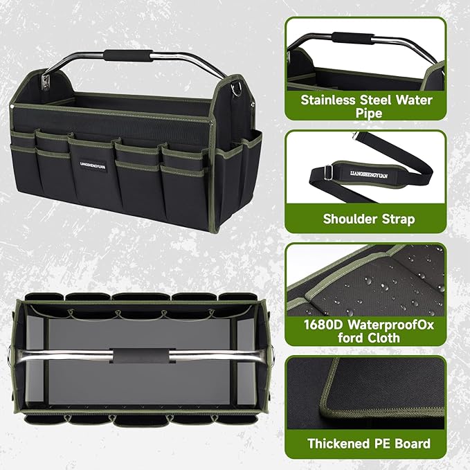16 In Electrician Tool Bag, Foldable Bags For Men Heavy Duty, Open Top Tool Tote, 30 Pockets Can Hold Many fittings, Organizer Stainless Steel Handle and Removable Shoulder Strap