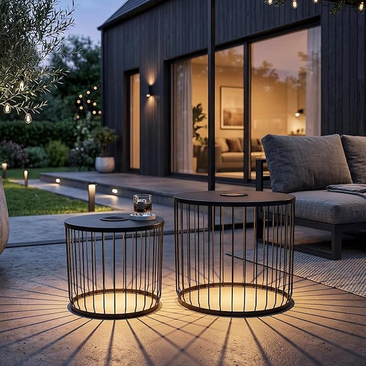 2-Pack Solar Nesting Side Tables, Modern Round End Tables with LED Lights, Metal Wire Cage Accent Tables, Waterproof Indoor Outdoor Patio Nightstand for Living Room Balcony Garden, Matte Black