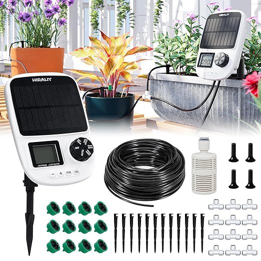 HIRALIY Solar Drip Irrigation System with Timer, Automatic Plant Watering Kit with USB Backup, 12 Pressure-Balanced Drippers, 40FT Tubing for Potted Plants, Indoor Pots & Even Watering