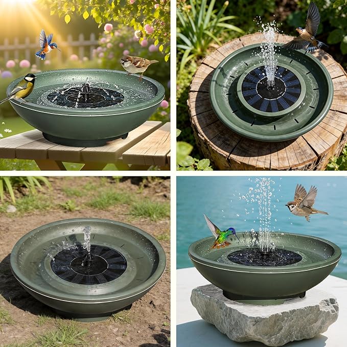 Solar-Powered Birdbath Water Fountain with 6 Bubbler Spray in 4" Height Freestanding Bird Playing Bowl for Garden, Patio, Yard, Balconies and Lawns
