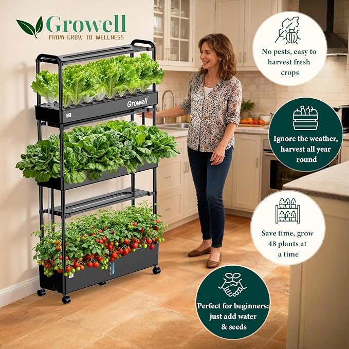 Growell Large Basket Hydroponics Growing System Kit, 48 Pods Vertical Hydroponic Garden with 2 Grow Light Modes, Auto Circulating Water System, 40L Indoor Gardening System for Herb Vegetable Fruit