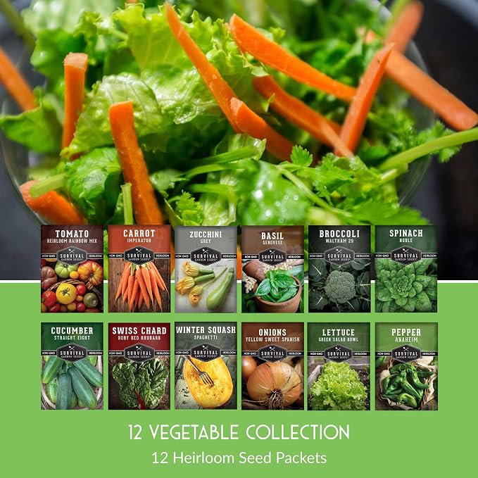 12 Vegetable Seed Variety Pack for Planting - Heirloom Broccoli, Carrot, Basil, Lettuce, Onion, Pepper, Swiss Chard, Tomato, Cucumber, Spinach, Zucchini, Spaghetti Squash - Survival Garden Seeds