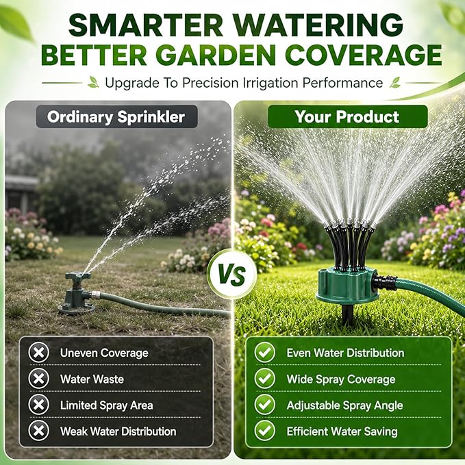 360 Degree Garden Automatic Multi Sprinkler Garden Lawn Sprinklers, with Flexible Spray Nozzles Rotating,Suitable for lawns, courtyards, Flower beds, and Agricultural Irrigation,Large Coverage Area