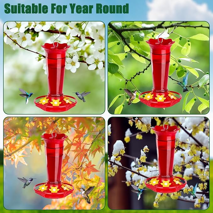 Gbekery Glass Hummingbird Feeders for Outdoors Hanging Ant and Bee Proof Red 10 OZ Bird Feeders for Outside Hanging 6 Feeding Stations Bird Nectar Feeder for Garden Yard Décor Gifts for Mom