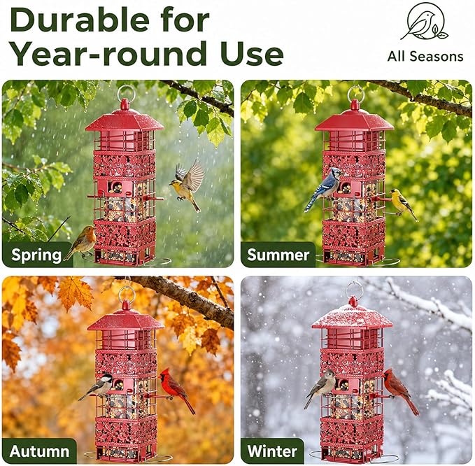 Squirrel Proof Bird Feeder, Weight-Activated Metal Bird Feeders for Outdoors Hanging, 4 Feeding Ports for Finches, Cardinals & Chickadees, 2.8LB Large Capacity Wild Bird Feeder, Red