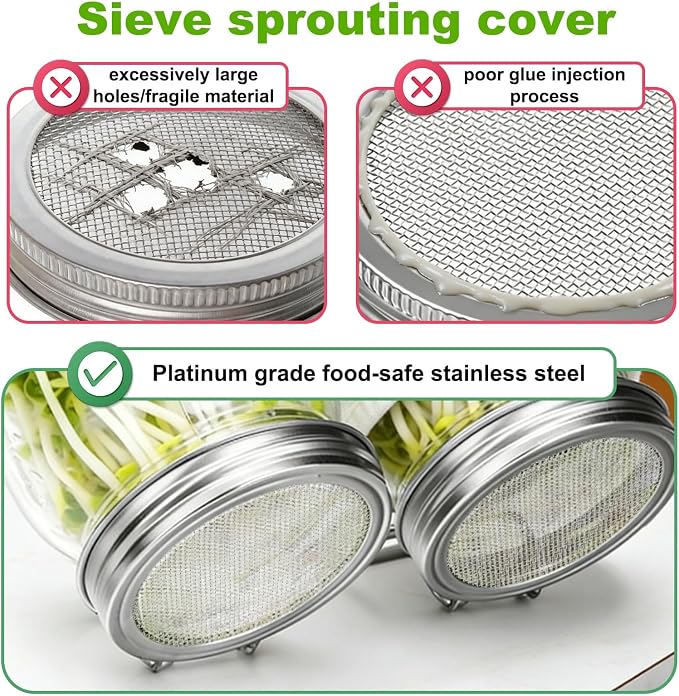 4pcs Sprouting Lids for Wide Mouth Mason Jars, Reusable Stainless Steel Sprout Growing Lid with Stand & Fine Mesh for Organic Alfalfa Broccoli Mung Bean Germination