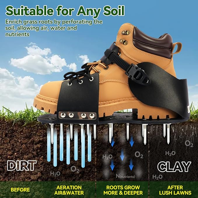 HFH Heavy Duty Lawn Aerator Shoes with Upgraded Ratcheting Buckles | Indestructible nylon soles with 1.75 in spikes. Quick-lock ratcheting buckles ensure an upgraded no-slip secure fit.