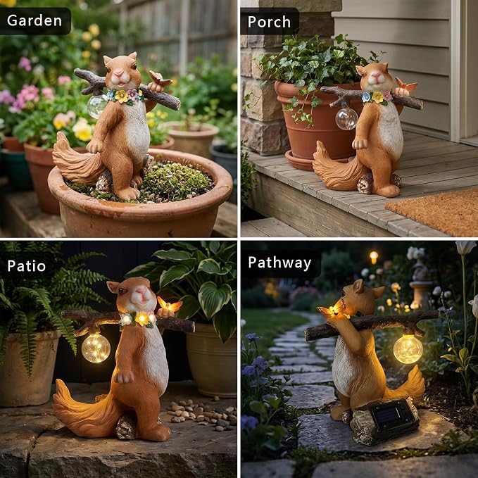 Solar Garden Statue Squirrel with Hanging Globe Light, Garden Decor for Outside, Yard Decorations Outdoor for Patio Porch, Housewarming Gifts for Women & Grandma