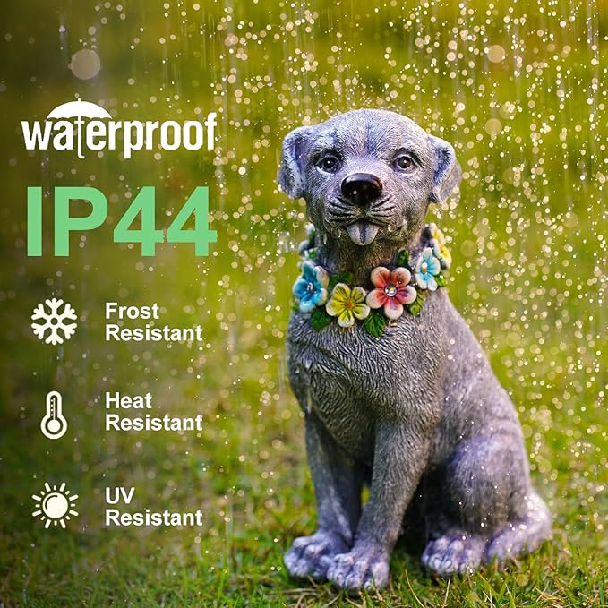 Solar Dog Garden Decor - Resin Dog Decor with Flowers LED Lights Garden Statue Yard Lawn Decor - Ideal Dog Gifts for Mom Women（Gray）