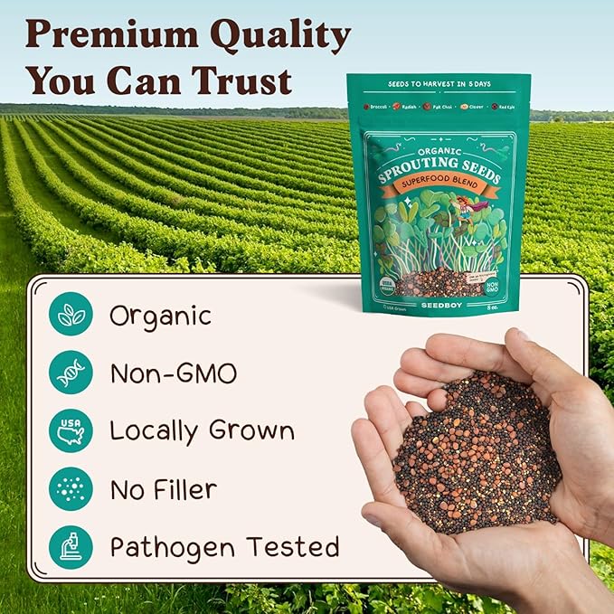 Seedboy Organic Non-GMO Sprouting Seeds, Superfood Blend - USA Grown Microgreens Mix with Broccoli, Radish, Pak Choi, Clover, Red Kale - 8 oz Makes 8 Quarts / 32 Servings (Superfood Blend)