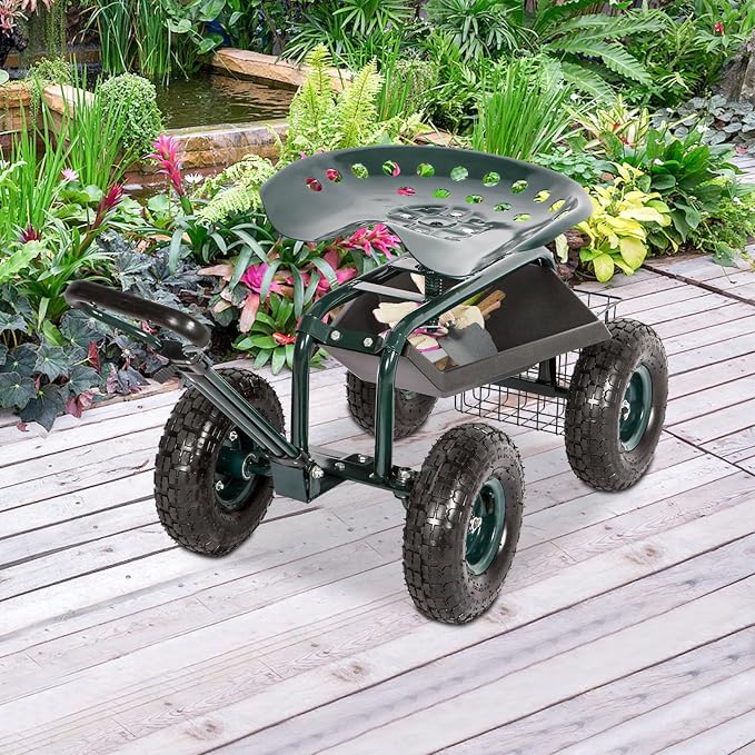 KINTNESS Garden Cart Seat Rolling Scooter Wagon with Extendable Steering Handle Swivel Seat & Utility Basket...(Green