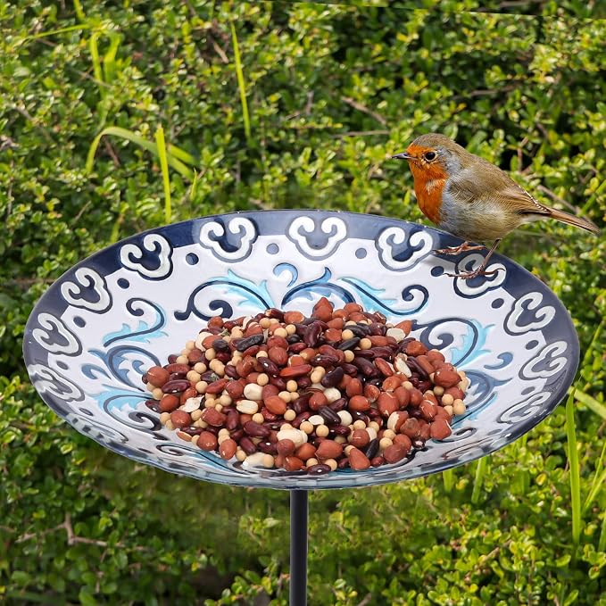 MUMTOP Glass Bird Bath, Garden Outdoor Birdbaths Birdfeeder with Metal Stake, Blue