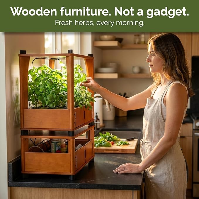 Hydroponics Growing System – Wooden Indoor Herb Garden Kit with LED Grow Light, 24 Starter Plants Included, Scalable to 96 Plants, No Subscriptions, Just Add Water