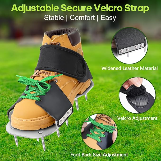 Aerator Shoes, Lawn Aerator Shoes for Grass with 3MM Metal Bottom, Aeration Shoes for Lawn with Adaptable Straps, Pre-Assembled Aerating Shoes for Lawn with Bend-Resistant Spikes, Green