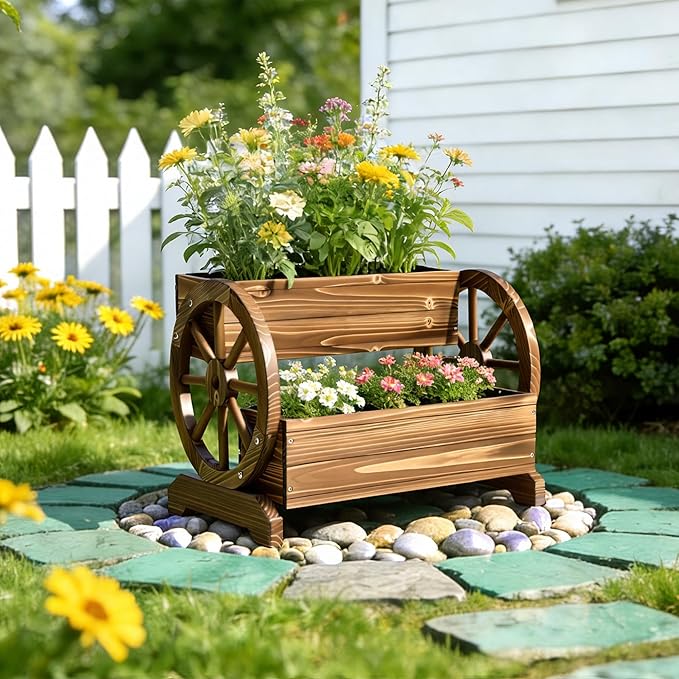 Extra Large Wooden Wagon Planter Box, 24" W 2-Tier Decorative Flower Cart with Wheels, Rustic Raised Garden Bed with Drainage Holes & Non-Woven Liner for Outdoor Plants, Flowers Herbs Vegetables