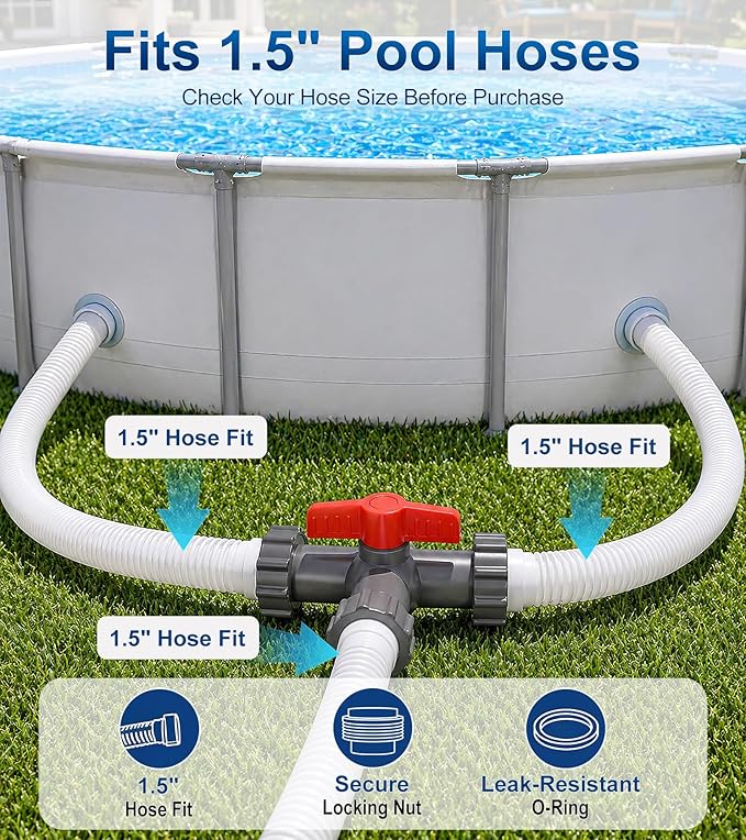 Pool Hose Connector with Valve,1.5" T-Joint Pool Hose Adapter Valve for Leak-Proof Dual Seal and Control Water Flow, Durable PP Material, Easy No-Tool Install for Above Ground Pools and Filter Pump