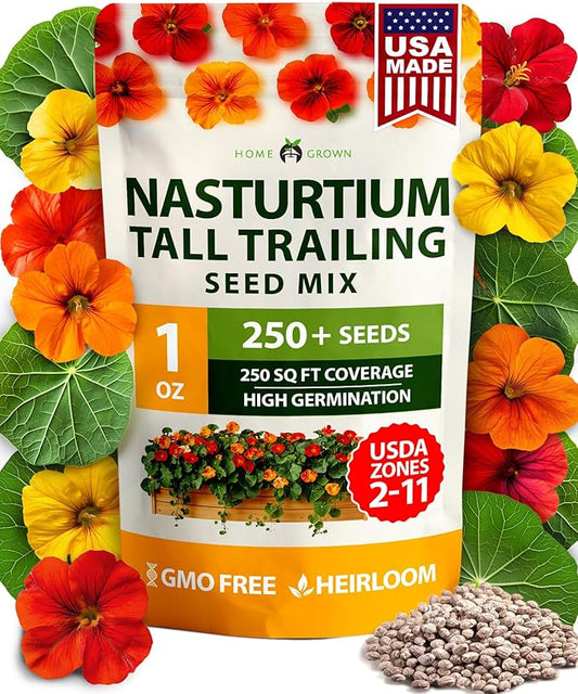 HOME GROWN Nasturtium Seeds Dwarf Tall Trailing Mix 250+ Edible Flower Seeds for Planting Outdoors Fast Germination, Low-Maintenance Climbing & Trailing Nasturtium (Tropaeolum majus)