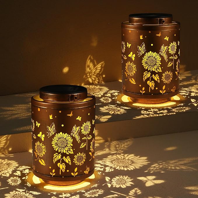 Tepaken 2 Pack Solar Outdoor Lanterns, Garden Decor LED Light Hanging Waterproof Solar Metal Lantern Birthday Gifts for Women Mon Grandma Sunflower Solar Lights Outdoor Decoration(Butterflies)