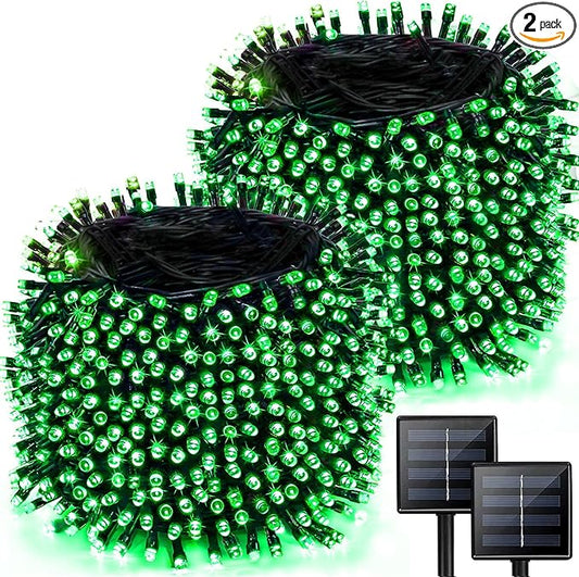 2 Pack 480 LED Solar Chrismas Lights Outdoor, Solar String Lights for Outside with 8 Modes & Memory Function, Waterproof Twinkle Light for St Patrick's Day Xmas Tree Yard Party Decorations (Green)