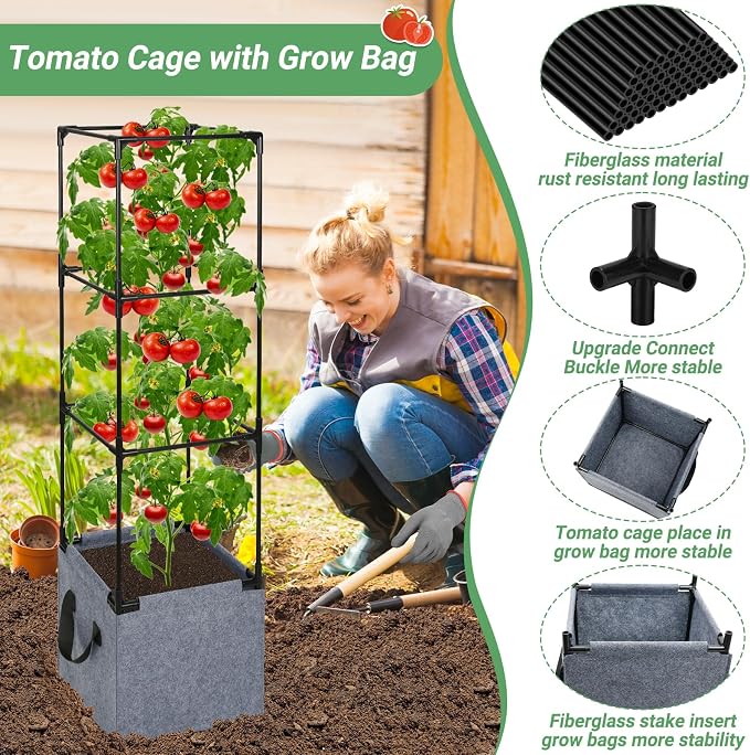 2 Pack Square Tomato Cages with Grow Bags, 42.5 Inch Stable Square Tomato Planter Support Stakes Kit for Garden, Tomato Cages Trellis Pots for Spring Climbing Vertical Plants Vegetables Fruits Vines