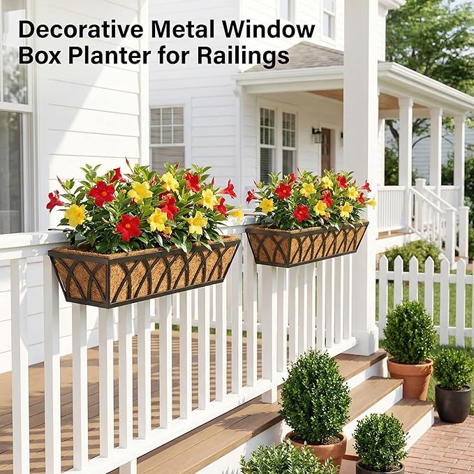 HFHOME 24 inch 2 Pack Railing Planter Boxes, Heavy Duty Window Box Planters, Adjustable Balcony Planters for Railing Hanging, with Coco Liner & Support Rod for Deck, Porch, and Patio Gardening